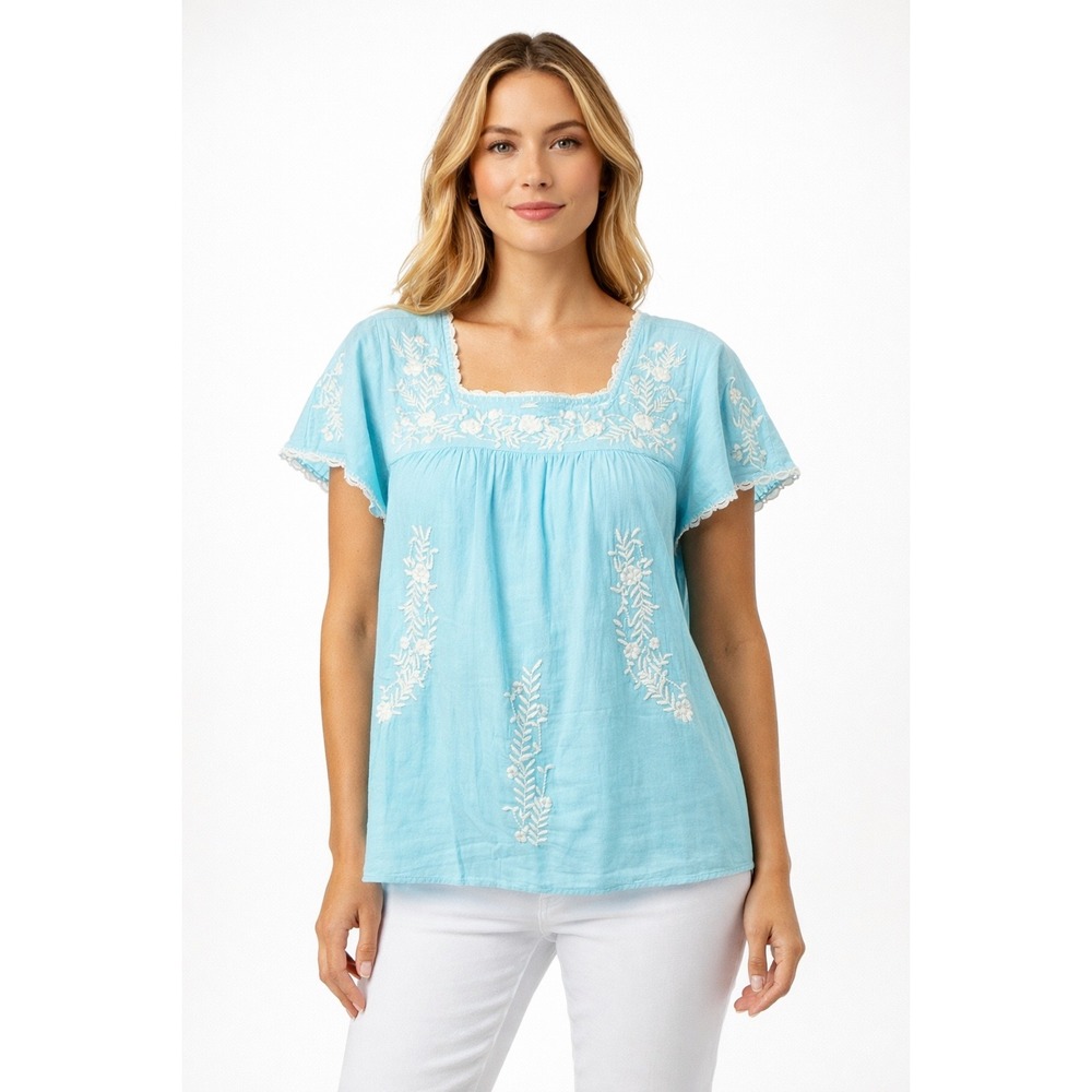 Lilly Pulitzer Tamryn Top Blue Ibiza M White Embroidery Boho Peasant Square Neck